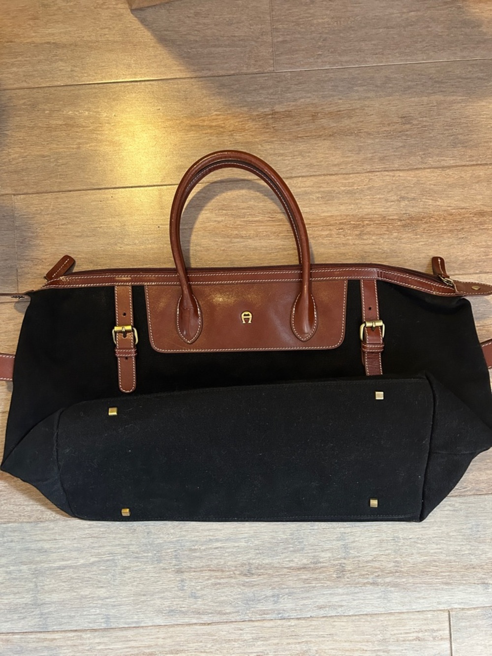 Etienne Aigner Black canvas Brown Leather-Trim Tote with plaid lining large